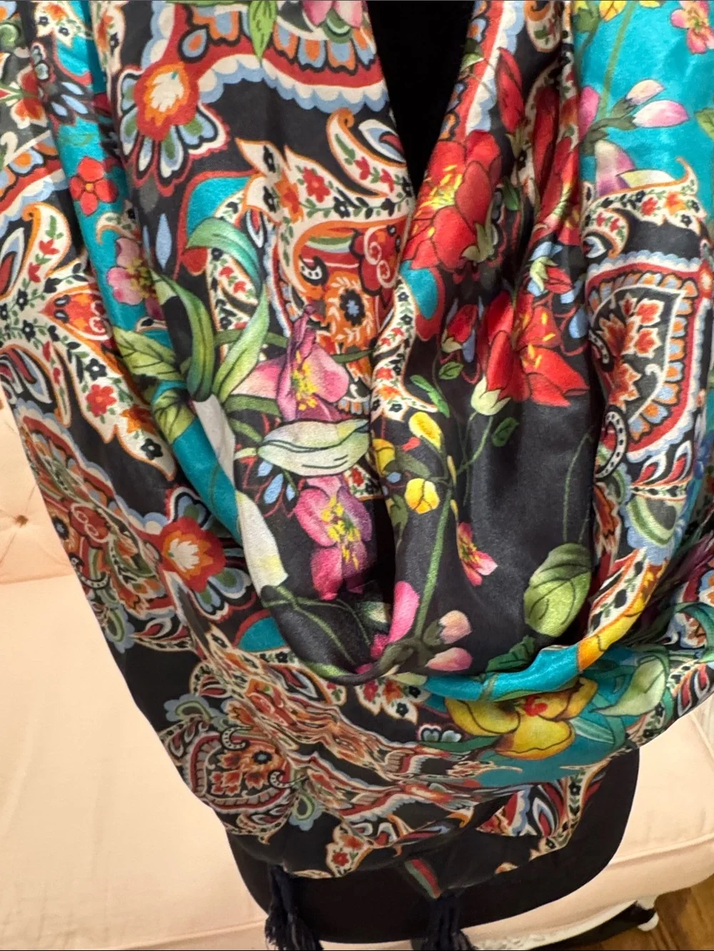 Johnny Was Moanuh Teal Black Floral Paisley 100% Silk Scarf Wrap